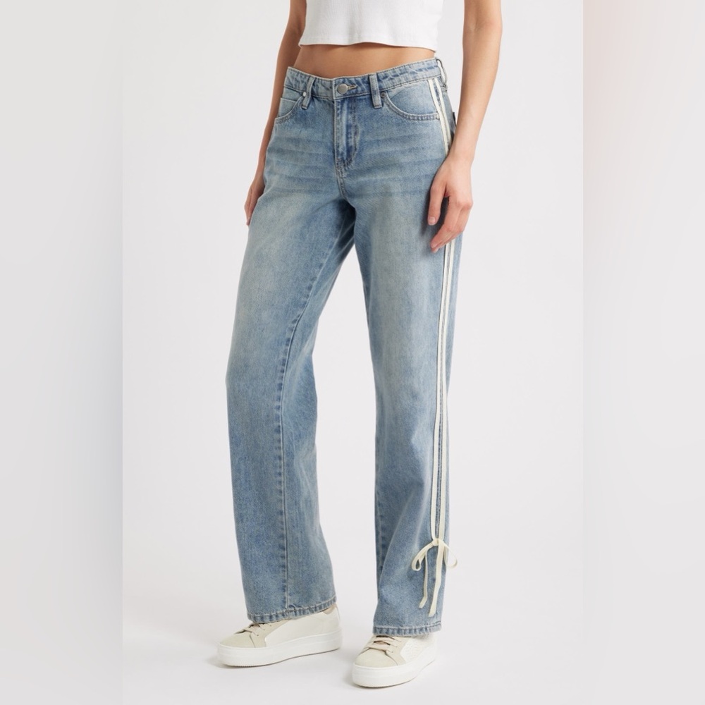 PTCL Side Stripe Wide Leg Denim Blue Stripe Bows Jeans Cotton 28 6 8 NWT